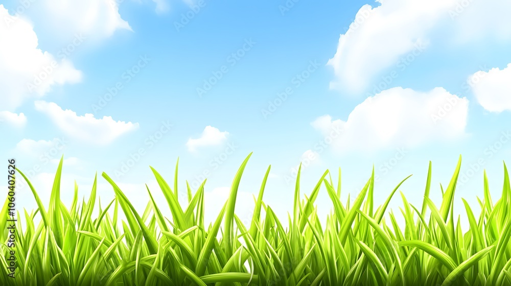 Fototapeta premium Green grass field with blue sky and clouds Plain Textured Background for Web Design and Copy