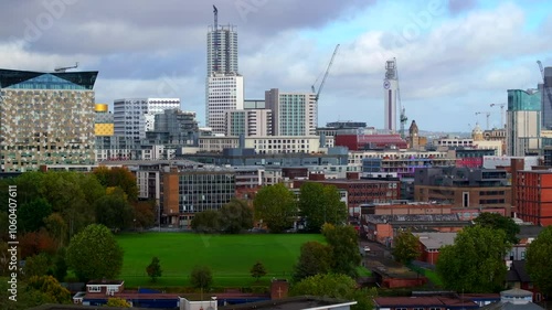 Autumnal aerial view of Birmingham city skyline - UK  photo