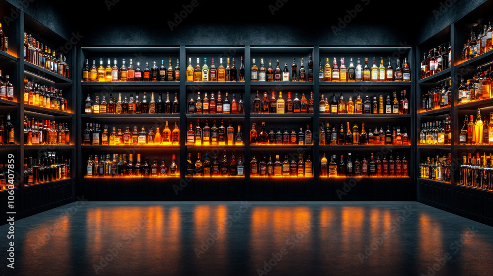 Bottles with alcohol in refrigerated cabinets Bottles with alcohol in refrigerated cabinets
