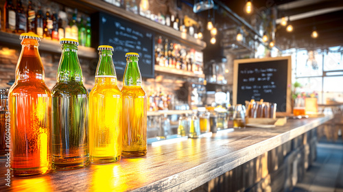 Bar counter with beverage bottles