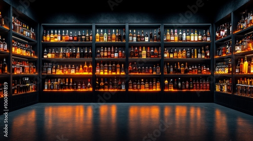 Bottles with alcohol in refrigerated cabinets