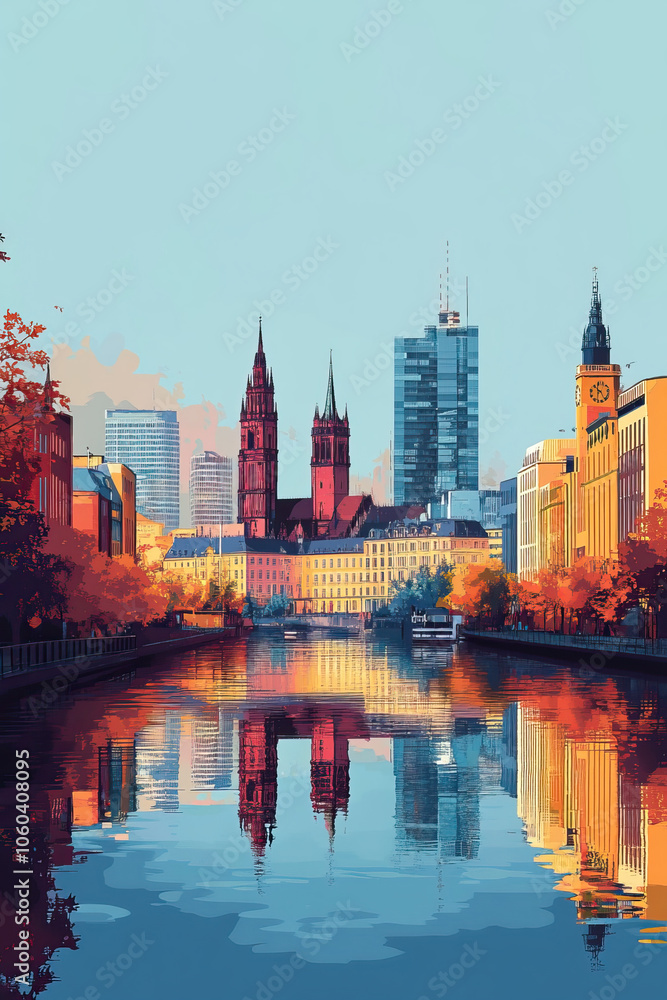 Obraz premium Hanover, Germany, Pop Art style theme print. Cityscape, city skyline.Vibrant, bright, modern, trendy, graphic designed for poster, card, wallpaper