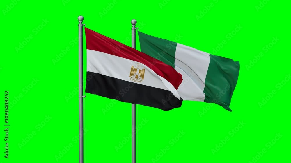 Nigeria and Egypt flags flying together, video concept of the relationship with colored chroma key for easy background remove Nigeria and Egypt flags flying together, video concept of the relationship with colored chroma key for easy background remove