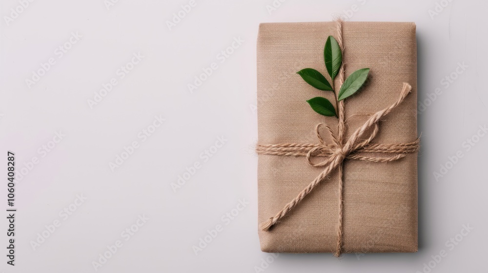 A beautifully wrapped gift in natural burlap, tied with twine and adorned with a small green leaf, ideal for eco-friendly gifting. A beautifully wrapped gift in natural burlap, tied with twine and adorned with a small green leaf, ideal for eco-friendly gifting.