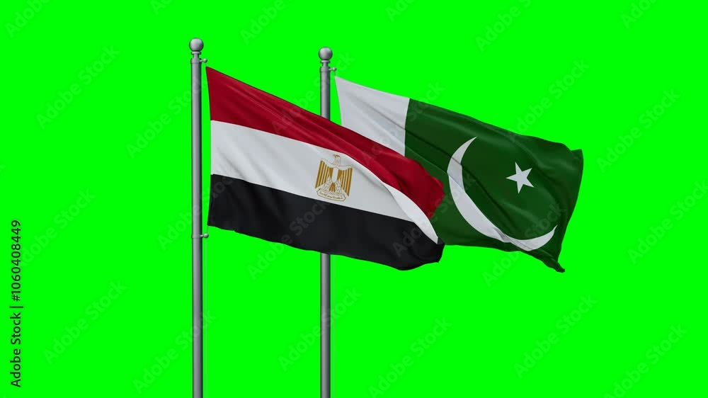 Pakistan and Egypt flags flying together, video concept of the relationship with colored chroma key for easy background remove Pakistan and Egypt flags flying together, video concept of the relationship with colored chroma key for easy background remove