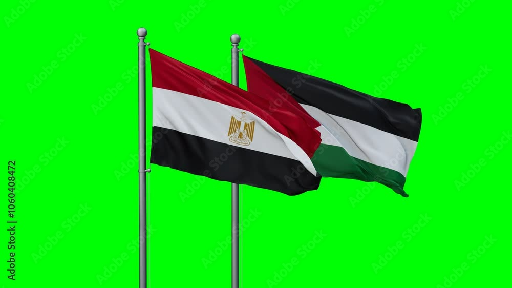 Palestine and Gaza Strip and Egypt two flags waving together on blue , video concept of the relationship with colored chroma key for easy background remove Palestine and Gaza Strip and Egypt two flags waving together on blue , video concept of the relationship with colored chroma key for easy background remove