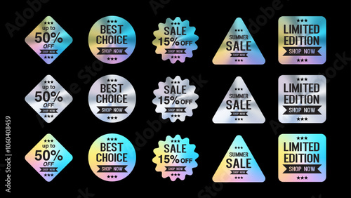 Holographic Sticker and Label Set. Limited Edition Neon Colors, 50% Off! Shiny Rainbow Emblems. Best Choice Sale and Discount. Vector Illustration
