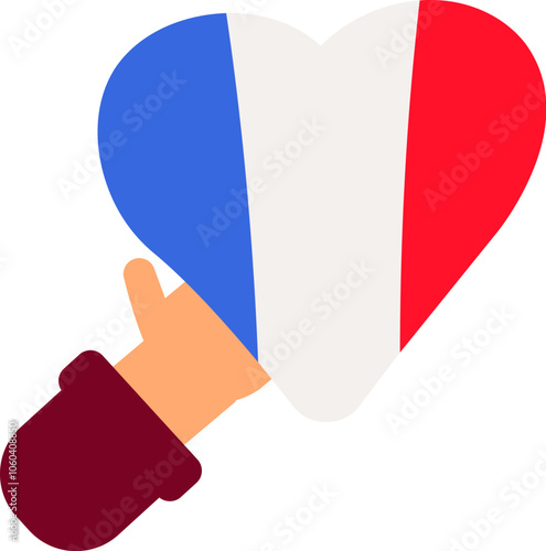 Vector illustration of a hand, holding a heart symbol in a french flag colors in a flat cartoon style. Rich cultural heritage, the Culture and Patriotism Festival. Celebration of french history, tradi