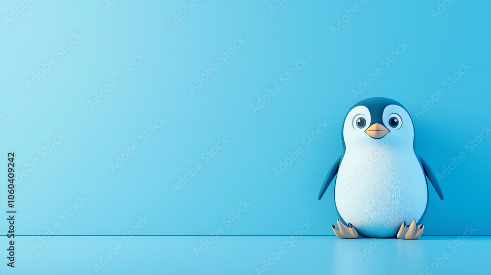 Obraz premium Baby penguin sitting by blank white board, icy theme, 3D illustration