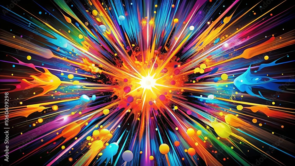 A vibrant burst of color radiating outwards, a kaleidoscope of hues exploding from a central point of light. A vibrant burst of color radiating outwards, a kaleidoscope of hues exploding from a central point of light.