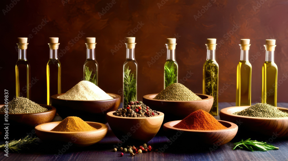 A variety of spices and herbs are displayed in wooden bowls and bottles