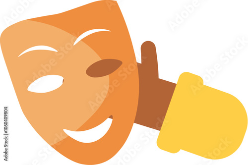 Vector illustration of a hand holding a smiling mask in a flat cartoon style. The mask radiates joy and mischief, evoking the playful spirit of French comedy. The illustration is suitable for web desi