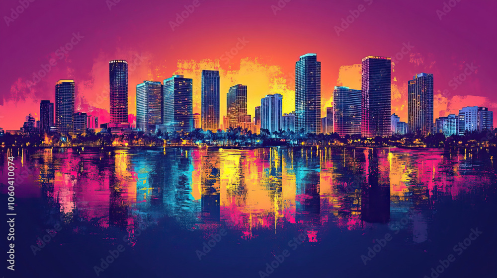 Obraz premium Hialeah, USA, Pop Art style theme print. Cityscape, city skyline.Vibrant, bright, modern, trendy, graphic designed for poster, card, wallpaper