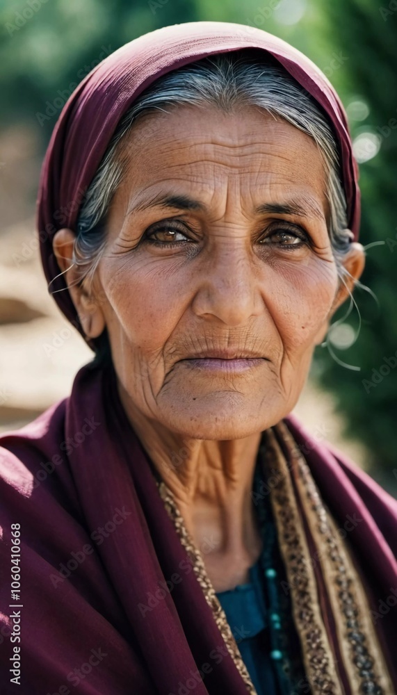 The elderly Afghanistan woman 75 years old gazes thoughtfully into the distance, her face marked by life experiences. She wears a traditional headscarf, set against a rustic background. Generative AI The elderly Afghanistan woman 75 years old gazes thoughtfully into the distance, her face marked by life experiences. She wears a traditional headscarf, set against a rustic background. Generative AI
