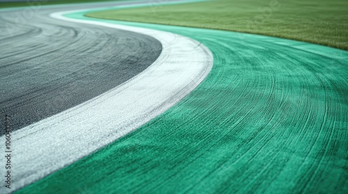 Close-up of a racing track with green and white curbing, designed for high-speed vehicles. photo