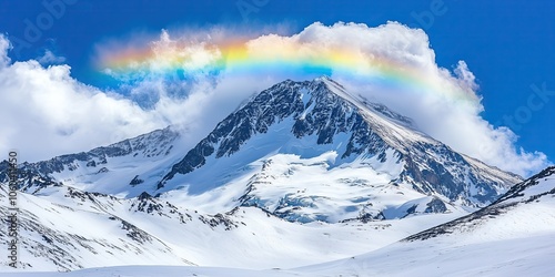 Dramatic kailash shiva mountain landscape vibrant rainbow above snow covered peak photo