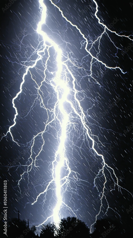 Dramatic lightning strikes illuminate night sky during heavy rainstorm vertical format Dramatic lightning strikes illuminate night sky during heavy rainstorm vertical format