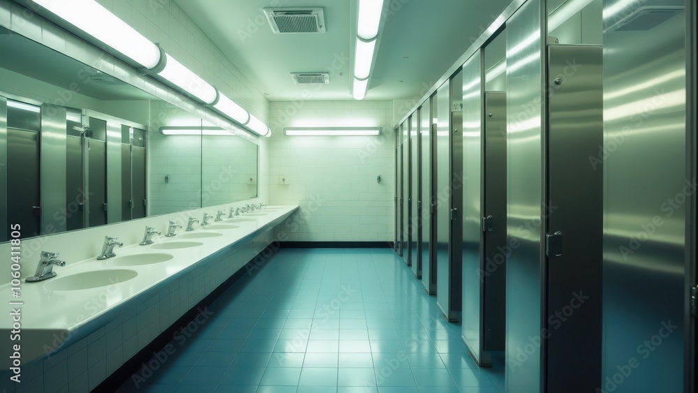 Small school restroom with metal stalls and bright lighting. Small school restroom with metal stalls and bright lighting.
