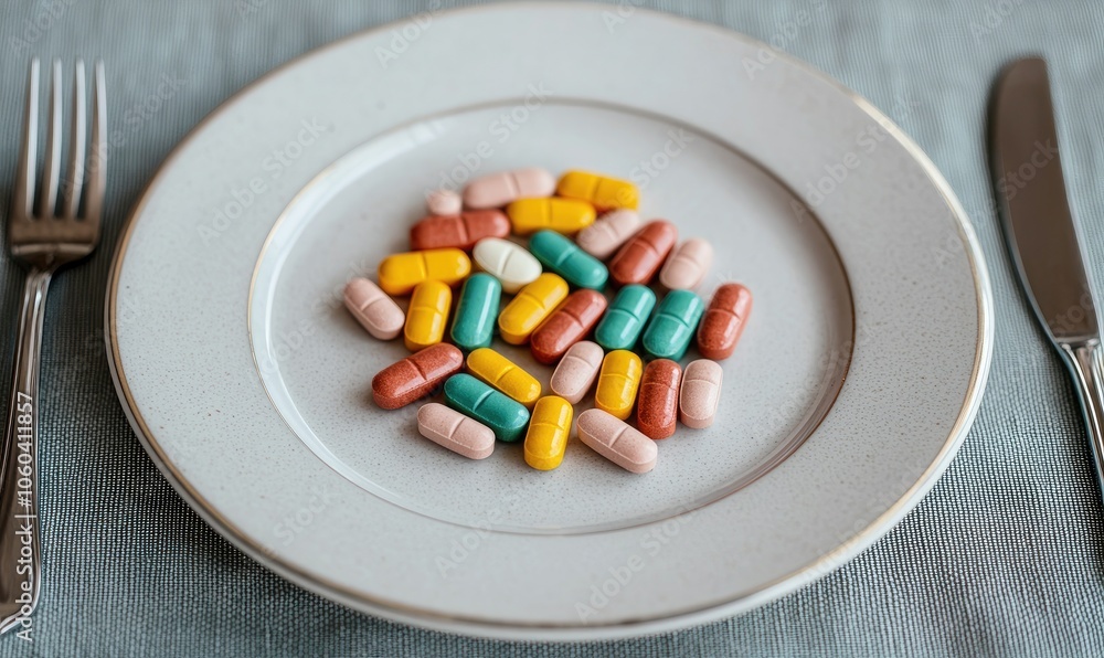 Colorful capsules arranged on a white plate, emphasizing a whimsical presentation of dietary supplements. Colorful capsules arranged on a white plate, emphasizing a whimsical presentation of dietary supplements.