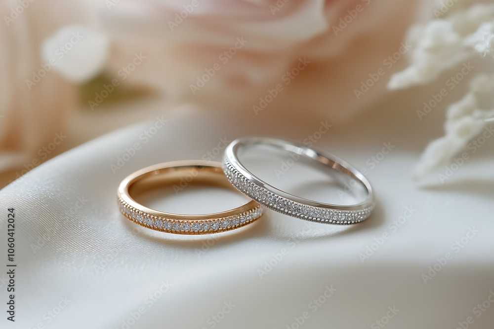 The image showcases two elegant wedding rings placed side by side, symbolizing love and commitment. The image showcases two elegant wedding rings placed side by side, symbolizing love and commitment.