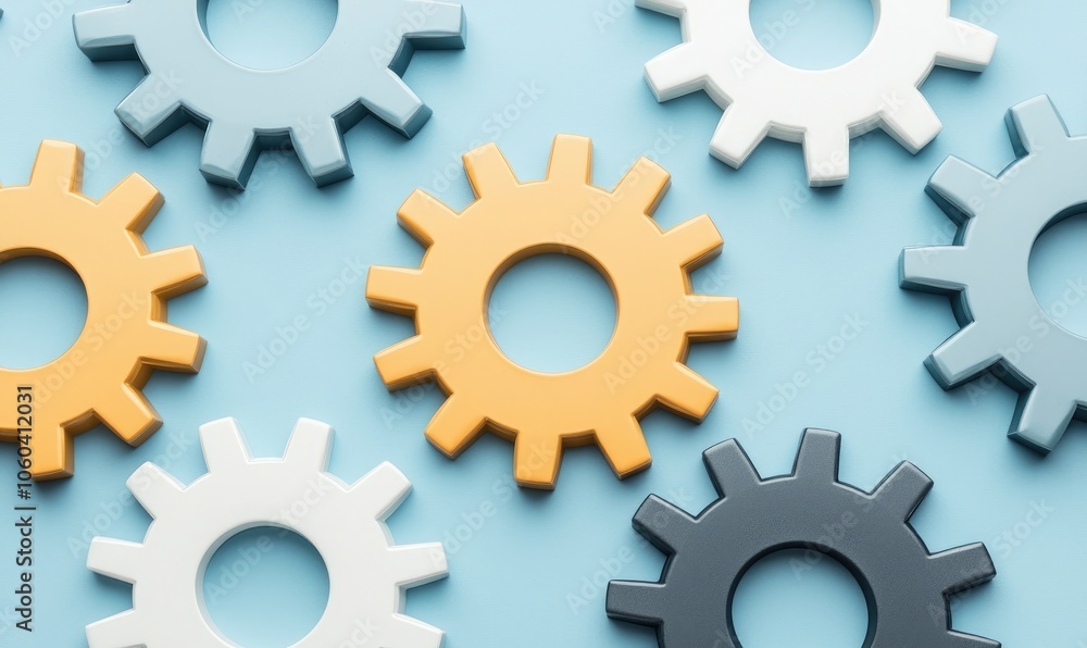 Colorful gears on a blue background representing innovation and teamwork in technology and engineering. Colorful gears on a blue background representing innovation and teamwork in technology and engineering.