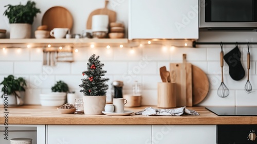 Wallpaper Mural Cozy kitchen interior with small potted Christmas tree on wooden counter, shelves with dishes, and string lights for festive decoration. Torontodigital.ca