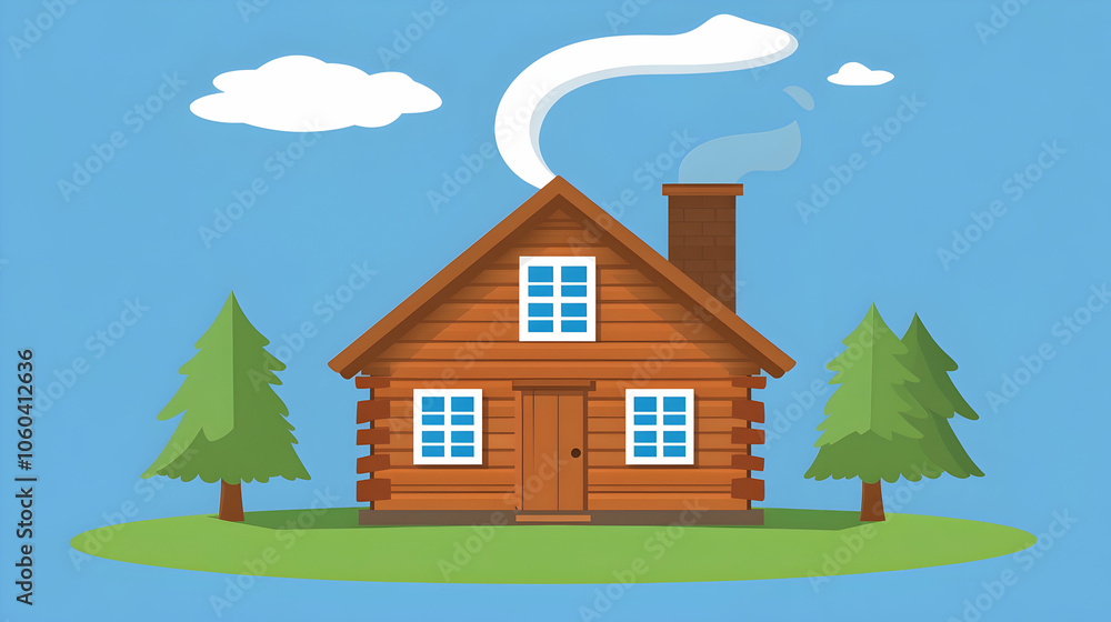A cozy wooden cabin with smoke rising from the chimney, set against a blue sky with clouds and two evergreen trees. A cozy wooden cabin with smoke rising from the chimney, set against a blue sky with clouds and two evergreen trees.
