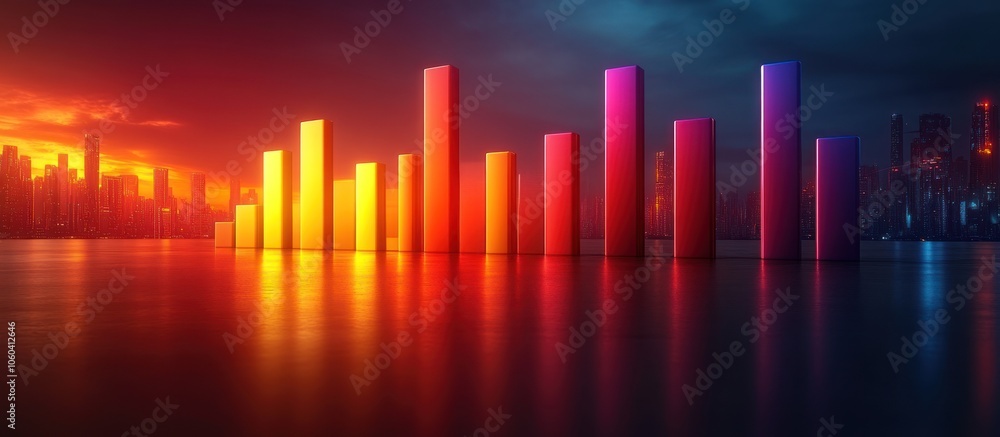 A vibrant bar graph against a city skyline at sunset, illustrating data trends. A vibrant bar graph against a city skyline at sunset, illustrating data trends.