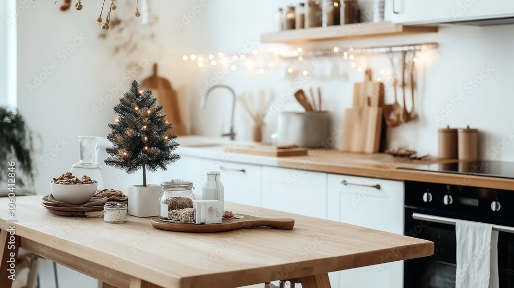 Minimalistic kitchen interior with wooden countertops and table, featuring small Christmas tree decoration and food jars, illuminated by string lights Minimalistic kitchen interior with wooden countertops and table, featuring small Christmas tree decoration and food jars, illuminated by string lights