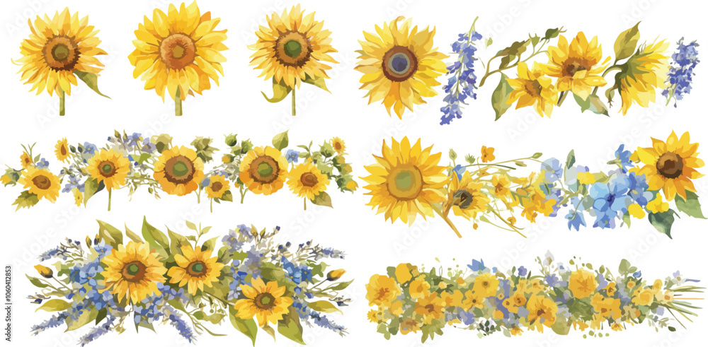 sunflower and bluebell garland watercolor clipart sunflower and bluebell garland watercolor clipart