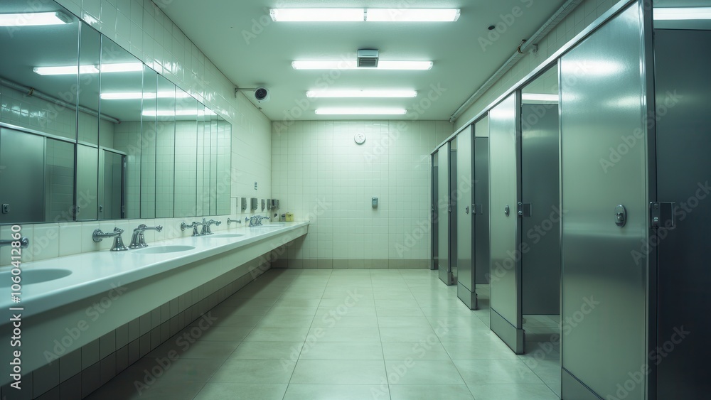 Functional school restroom with organized stalls and sinks. Functional school restroom with organized stalls and sinks.