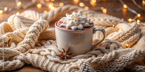 Wallpaper Mural A comforting cup of hot beverage topped with fluffy marshmallow and a delicate snowflake garnish, nestled amidst a cozy knitted blanket, illuminated by warm fairy lights. Torontodigital.ca