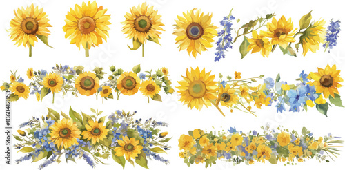 sunflower and bluebell garland watercolor clipart	