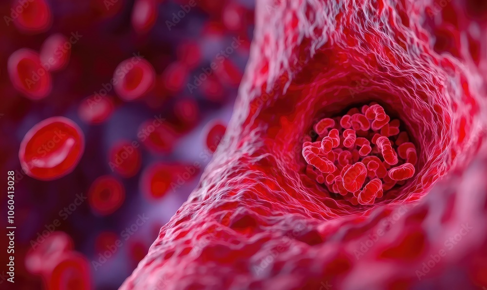 Detailed close-up of red blood cells in a blood vessel, showcasing the unique structure and colors. Detailed close-up of red blood cells in a blood vessel, showcasing the unique structure and colors.