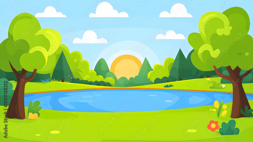 Obraz premium A picturesque landscape with a lake, trees, and a sunny sky.