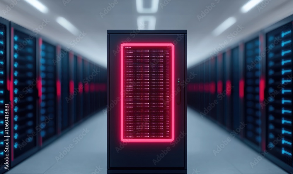 Futuristic data center with a glowing server rack and rows of servers under bright lights. Futuristic data center with a glowing server rack and rows of servers under bright lights.