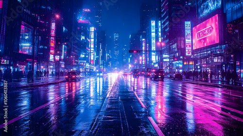 Rainy Neon City Street Illu...
