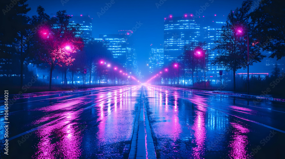 Obraz premium Rainy Night Cityscape with Pink Neon Lights - Digital Illustration