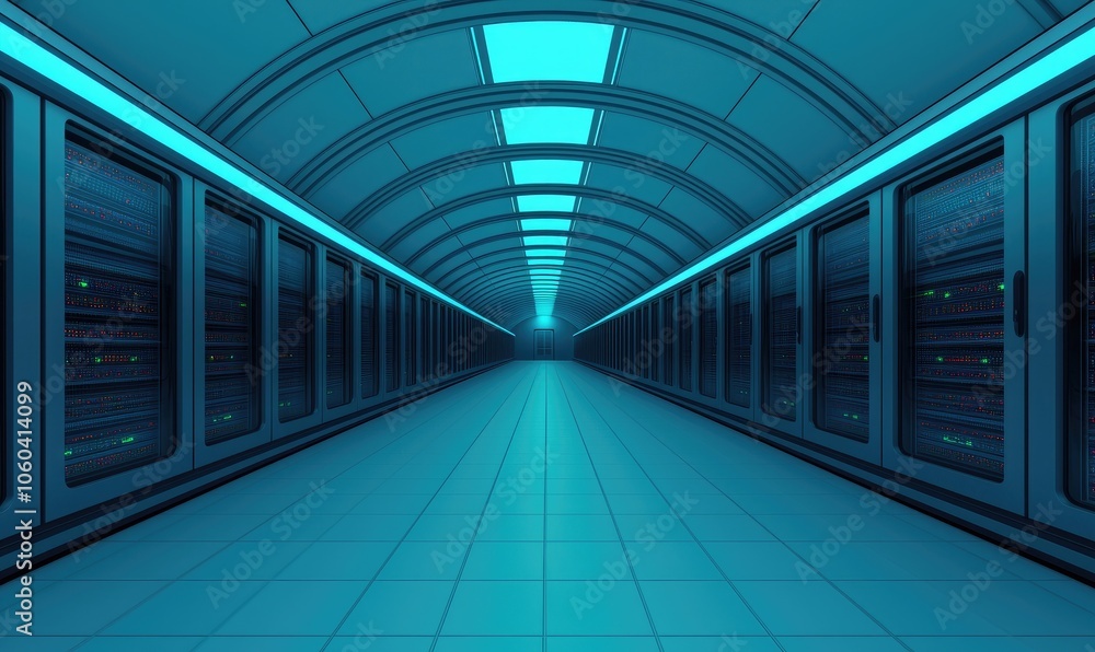Futuristic server room interior with cool blue lighting and long perspective view. Futuristic server room interior with cool blue lighting and long perspective view.