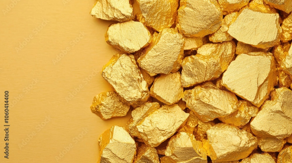 Golden nuggets of pure gold against a warm yellow background, showcasing shiny textures and vibrant colors. Golden nuggets of pure gold against a warm yellow background, showcasing shiny textures and vibrant colors.