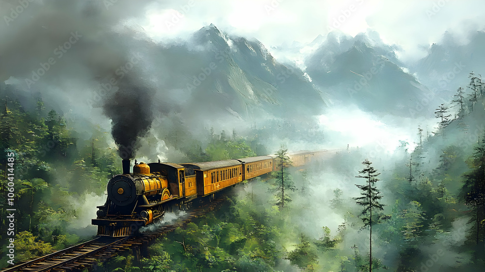 Fototapeta premium Train Through Misty Mountains - Illustration