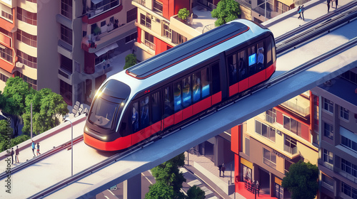 Automated guideway transit vehicle on an elevated track, illustration art photo