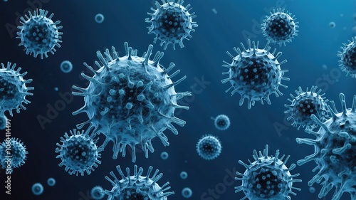 Detailed representation of viruses in a blue background