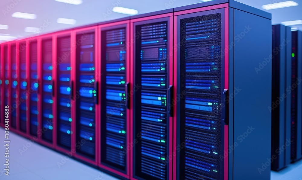 High-tech server racks in a modern data center with colorful LED lights against a pristine background. High-tech server racks in a modern data center with colorful LED lights against a pristine background.
