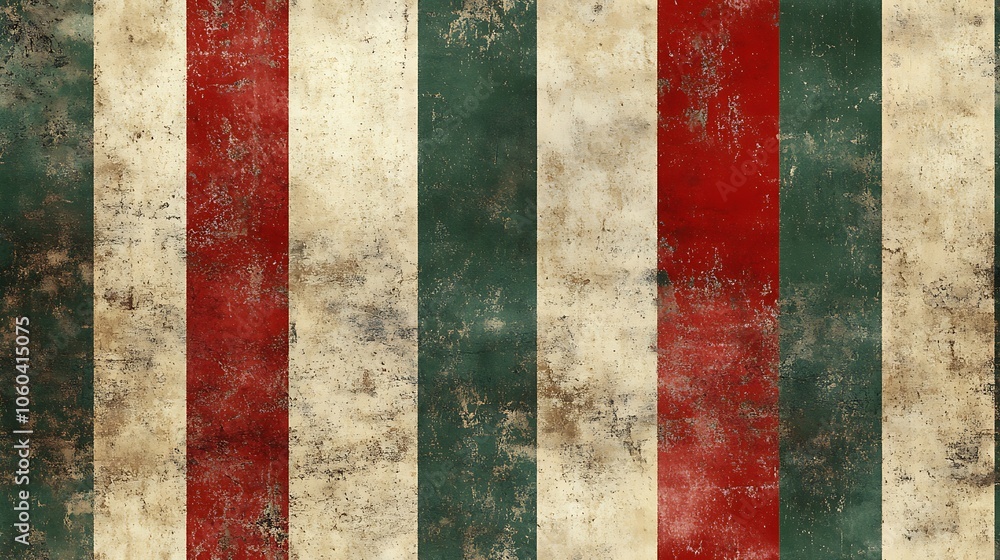 Red, white, and green Christmas stripes with a rustic, worn-out texture, faded and desaturated colors, matte finish, soft shadows for depth, reminiscent of vintage holiday decor. --ar 16:9 --tile Red, white, and green Christmas stripes with a rustic, worn-out texture, faded and desaturated colors, matte finish, soft shadows for depth, reminiscent of vintage holiday decor. --ar 16:9 --tile