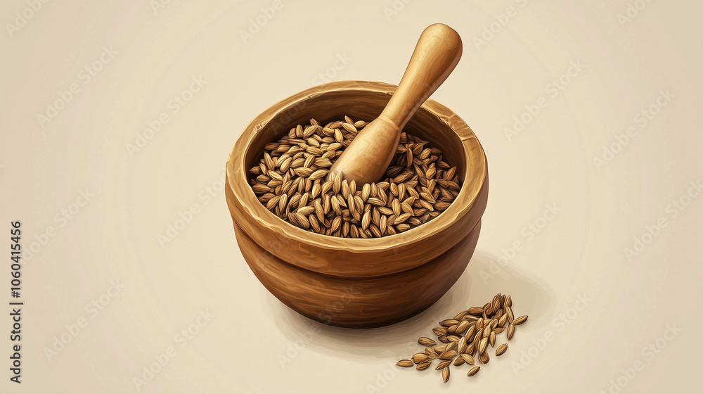 Cumin seeds in mortar with pestle nearby, illustration art Cumin seeds in mortar with pestle nearby, illustration art