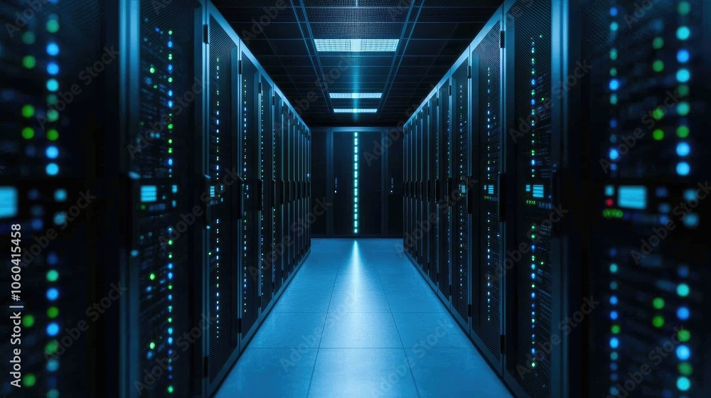 Fototapeta premium Modern data center aisle with server racks, illuminated by blue LED lights, showcasing advanced technology and network infrastructure.