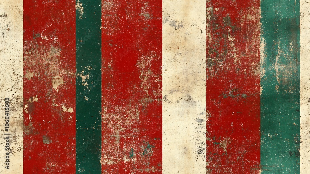 Retro red, white, and green stripes, worn and faded with a rustic texture, cozy holiday feel, soft lighting enhancing the vintage look, detailed and high-resolution. --ar 16:9 --tile Retro red, white, and green stripes, worn and faded with a rustic texture, cozy holiday feel, soft lighting enhancing the vintage look, detailed and high-resolution. --ar 16:9 --tile