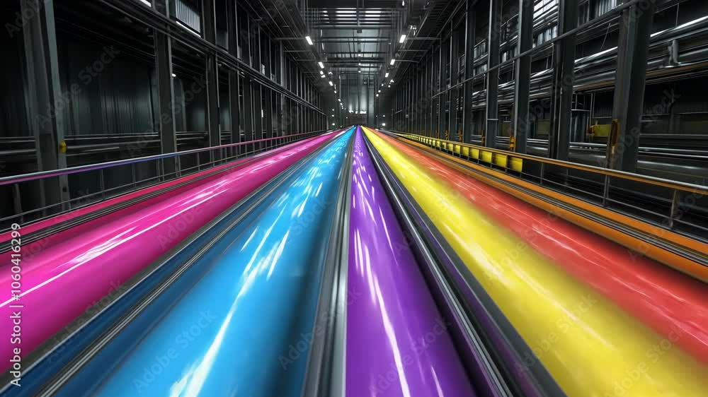 Colorful ink flows through a factory, a vibrant display of printing in action