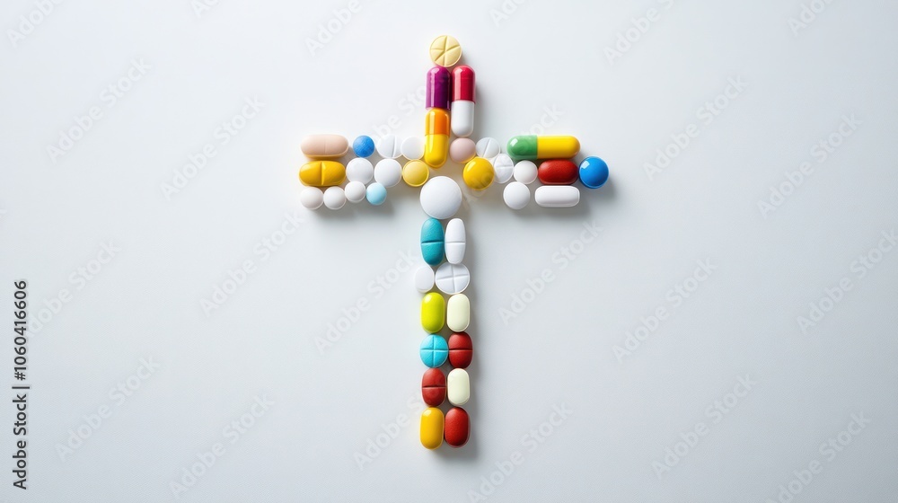 various colored pills arranged in the shape of a cross on a clean white background symbolizing the intersection various colored pills arranged in the shape of a cross on a clean white background symbolizing the intersection